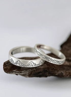 山盟海誓情侣戒指纯银999文艺复古新中式国风七夕情人节礼物代发