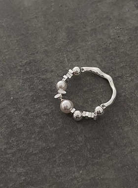 高保色弹力珍珠碎银子戒指女设计小众休闲潮酷关节戒尾戒女小指环