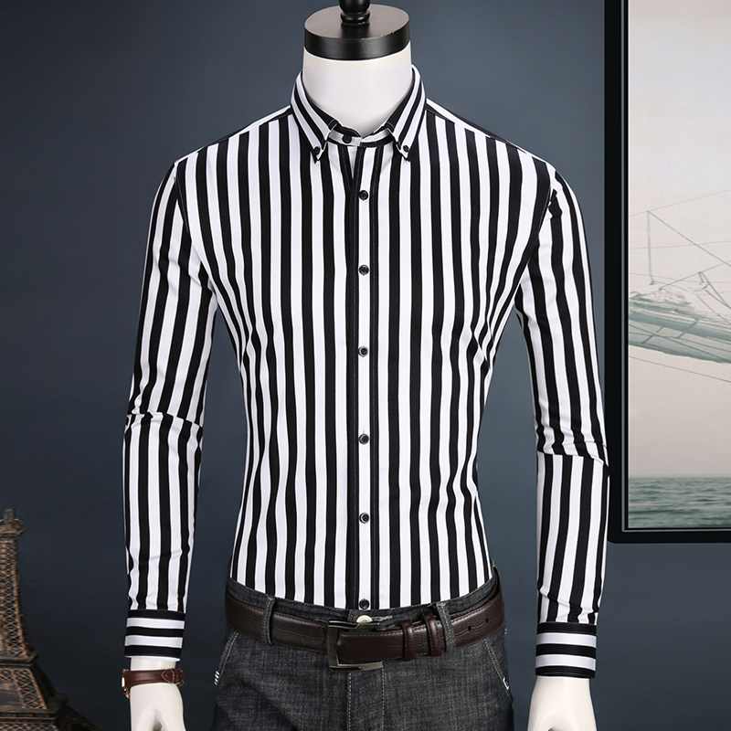 黑白条纹男长袖纯棉修身休闲寸衬衫 caiziyijia菁蕴衬衫