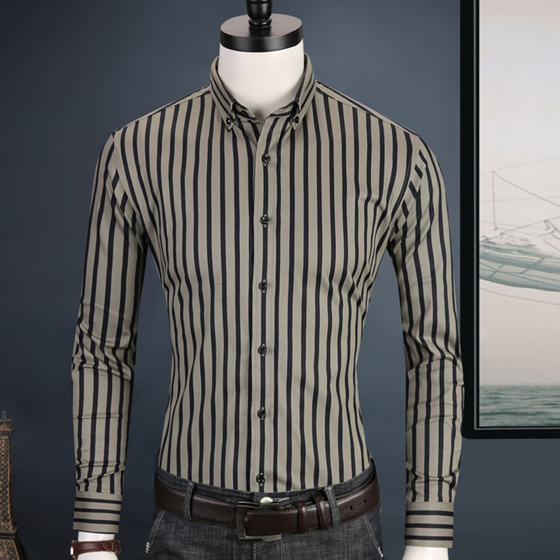 黑白条纹男长袖纯棉修身休闲寸衬衫 caiziyijia菁蕴衬衫