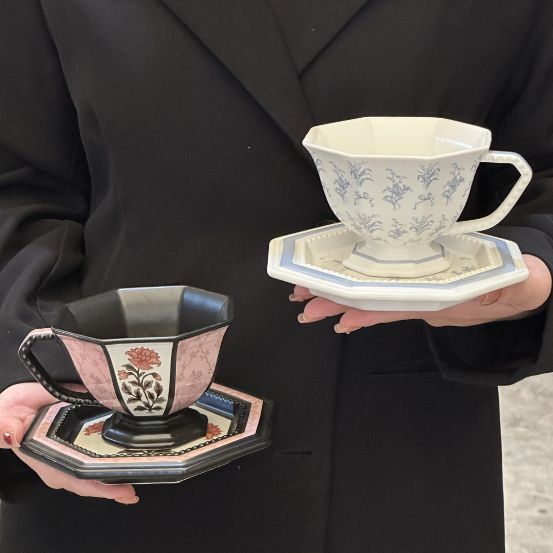 复古陶瓷八边法式铃兰咖啡杯碟家用陶瓷大容量早餐杯精致下午茶杯,淘宝优惠券,粉丝福利购,淘宝优惠卷