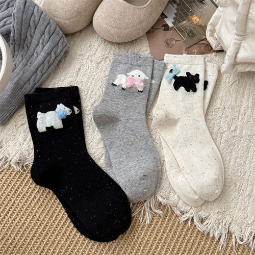 新品蝴蝶结堆堆袜子棉质点子纱植绒中筒袜日系ins潮女袜卡通女袜 - 图0