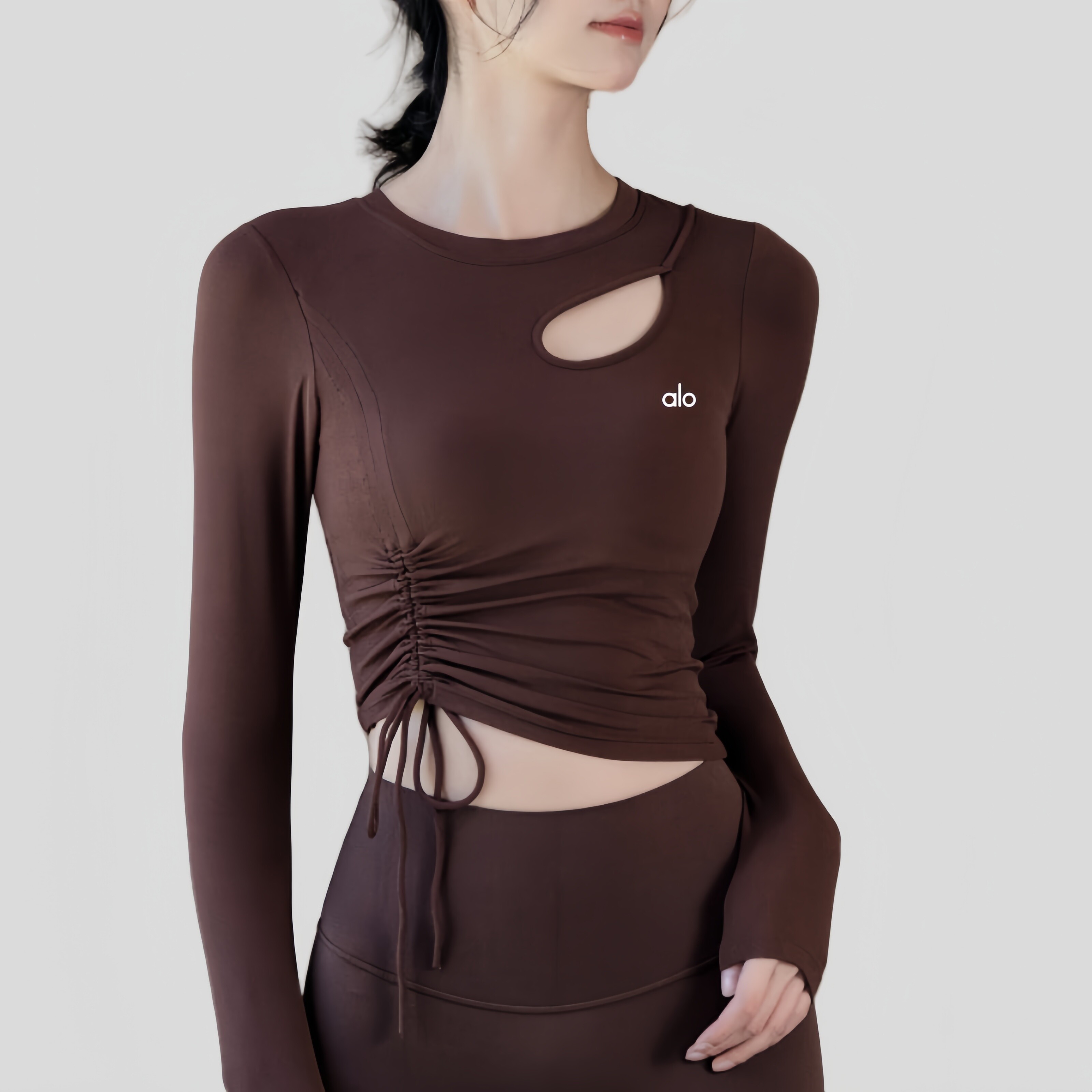 AIo瑜伽服女秋冬带胸垫抽绳显瘦运动上衣普拉提训练长袖健身套装,淘宝优惠券,粉丝福利购,淘宝优惠卷