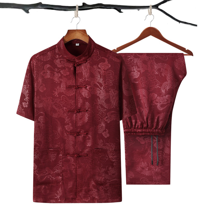 夏季短袖唐装男中老年人半袖衬衫 犀狮龙唐装