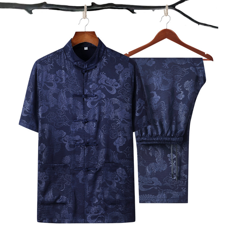 夏季短袖唐装男中老年人半袖衬衫 犀狮龙唐装