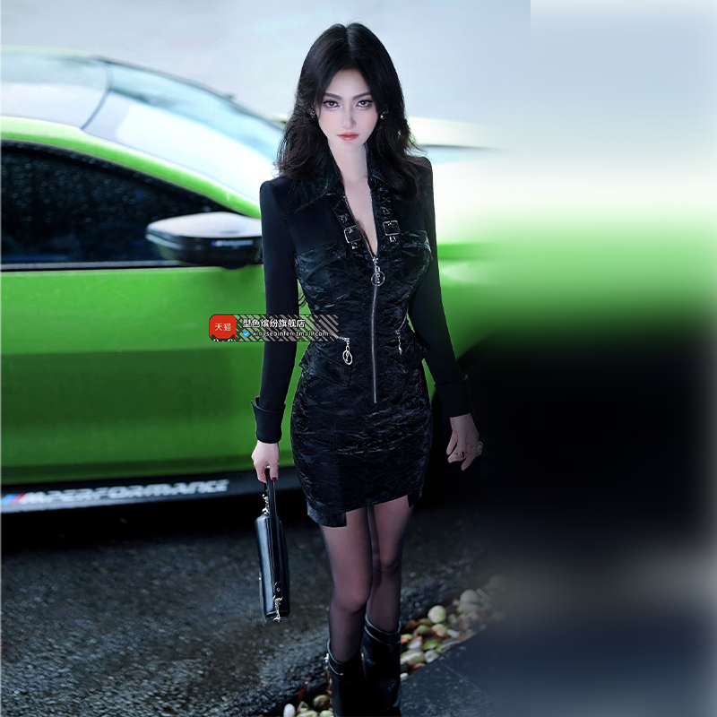 欧美帅气拼接仿PU辣妹风连衣裙女装新品显瘦包臀中短裙