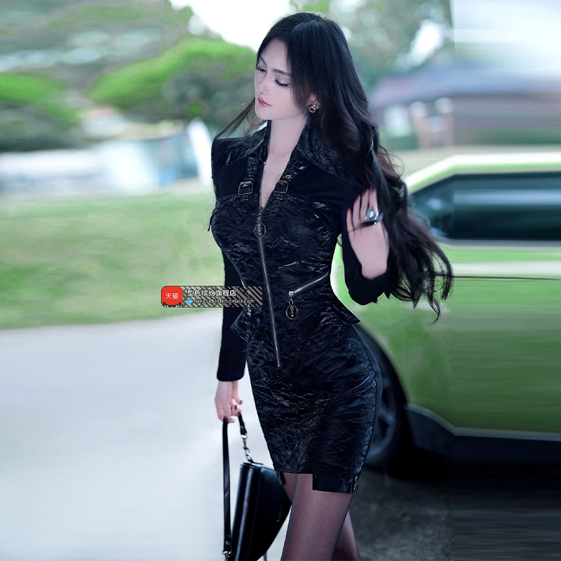 欧美帅气拼接仿PU辣妹风连衣裙女装新品显瘦包臀中短裙