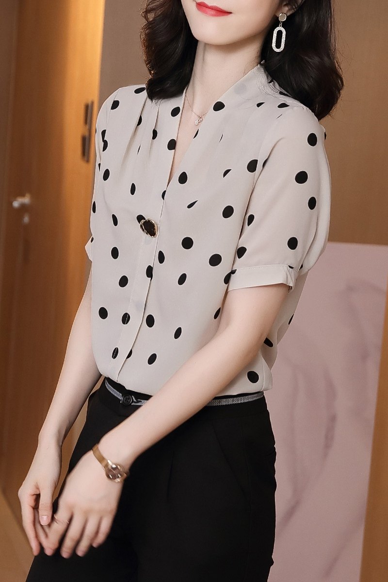 波点2020夏季新款v领洋气宽松衬衫 依源色蕾丝衫/雪纺衫