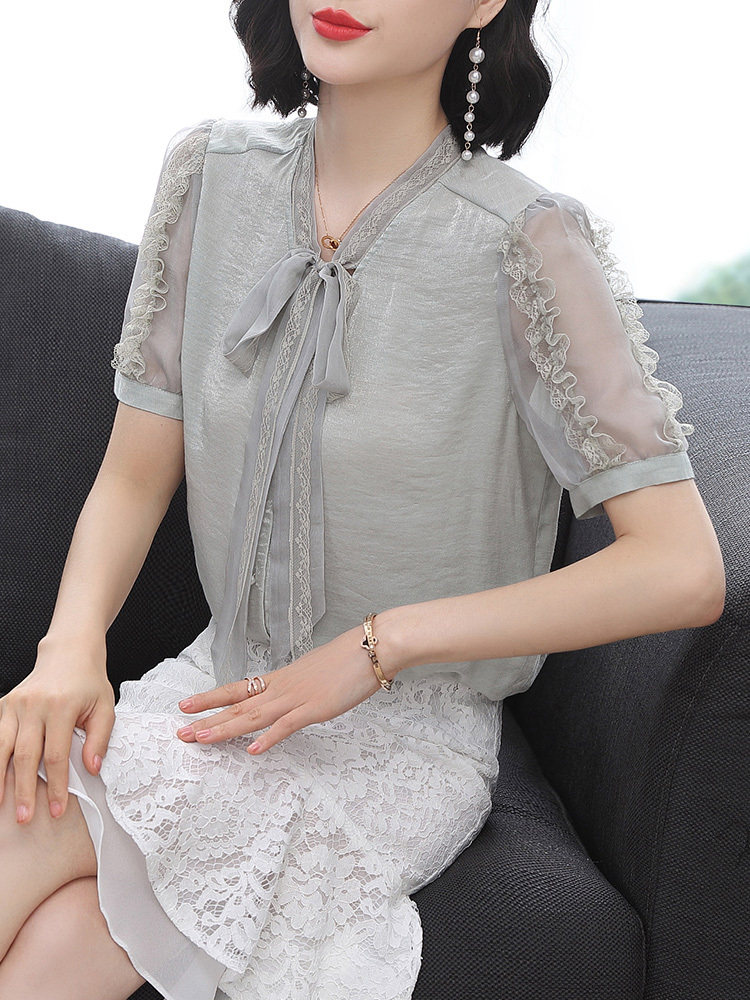 雪纺短袖夏季2020新款木耳边衬衫 依源色蕾丝衫/雪纺衫