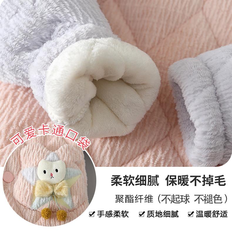 儿童棉睡衣冬加厚三层夹棉法兰绒套装可爱卡通珊瑚女童家居服冬季 - 图1