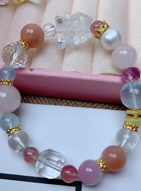 天然水晶手链女天然多宝水晶手串女款发晶粉晶草莓晶醒狮手串