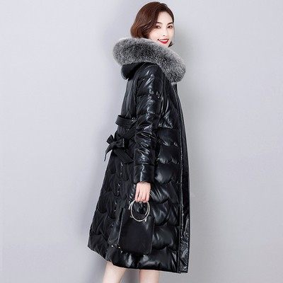 Women's genuine leather down jacket mid-length slim fit thickened jacket