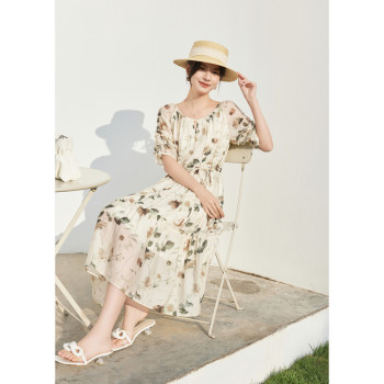 Haibei 2024 new summer style holiday style floral dress mid-length high-length slim tea break dress a-line skirt