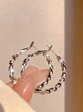 超闪碎银子耳圈耳环女轻奢小众设计感高级气质耳钉女时尚个性耳饰