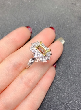 s925银饰品戒指空托豪华双色款 长方形6*8mm代镶托帕石 石榴石