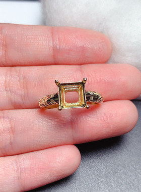 925银戒指空托方形8*8mm简单大气时尚 戒圈可调节 代镶嵌宝石 J