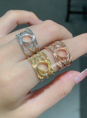 s925纯银戒指空托椭圆形6*8mm代镶欧泊 碧玺 红宝石 包镶款 日韩m