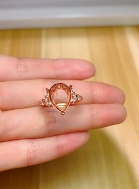 s925银戒指空托水滴 形10*14mm代镶水晶 玉石diy时尚百搭清新  m