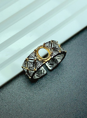 s925银戒指空托双色款椭圆形5*6mm个性设计宽面戒托 未镶嵌  x