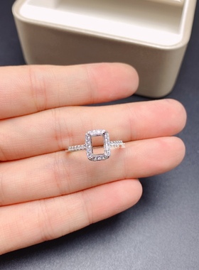 s925银饰品戒指空托长方形5*7mm代镶托帕石     黄水晶 时尚百搭