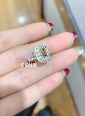 s925银饰品戒指空托 豪华双色款 长方形5*7mm代镶托帕石 石榴石