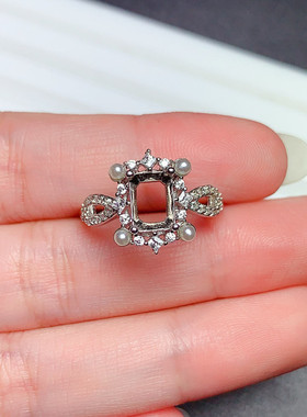 s925银戒指空托长方5*7mm轻奢精美贝珠款 代镶红宝石 祖母绿  m