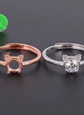 s925纯银小猫咪戒指空托简单时尚