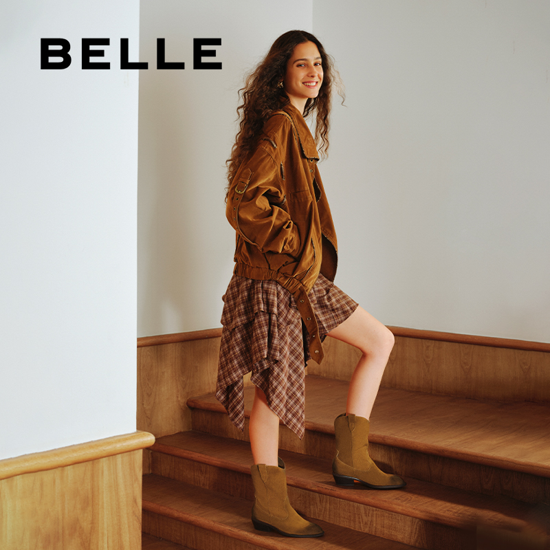 张凌赫同款百丽女靴梦幻沙丘西部牛仔休闲短靴加绒新款BDU60DZ5