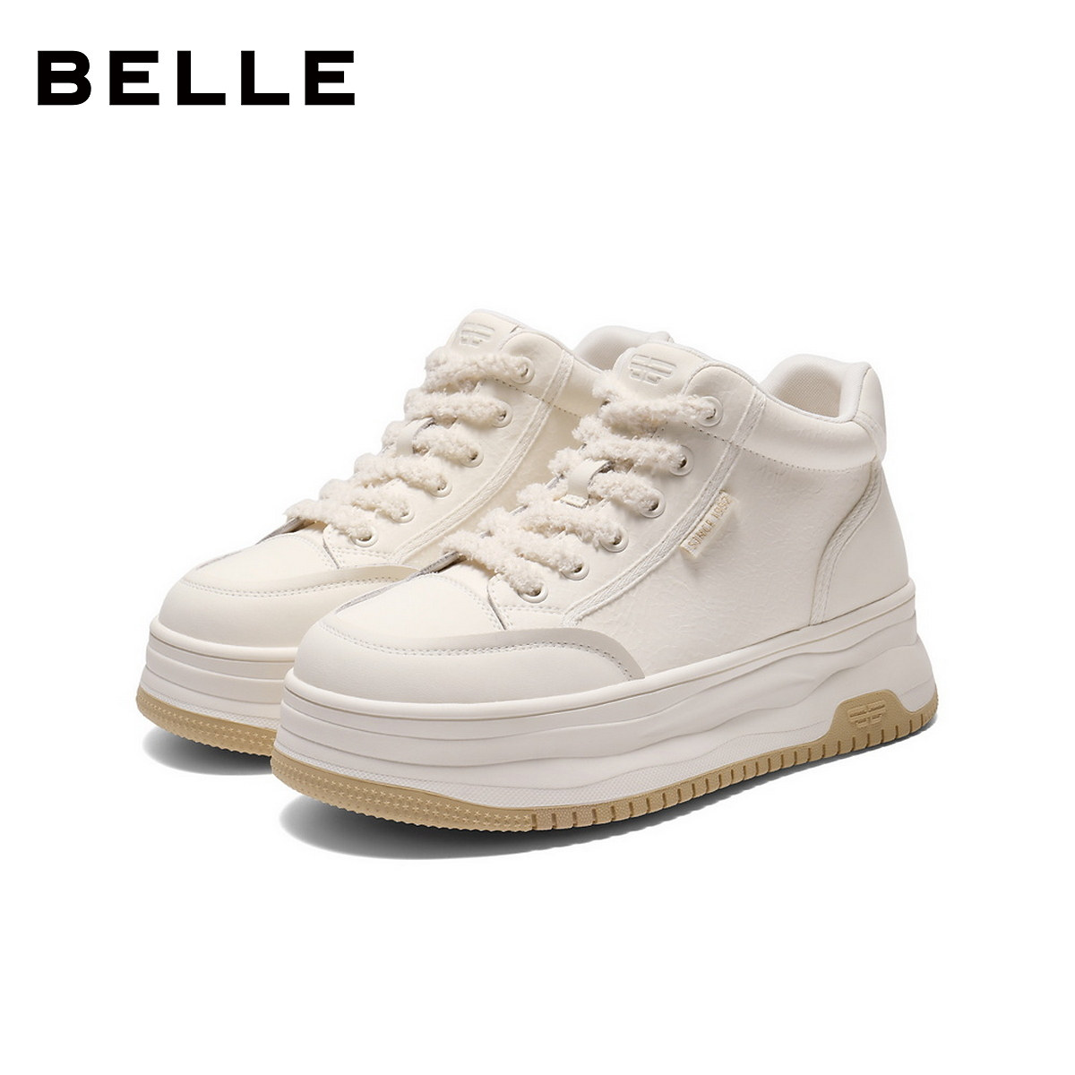 百丽厚底加绒高帮鞋女鞋冬季新款棉鞋增高鞋百搭小白板鞋E6S1DDD5