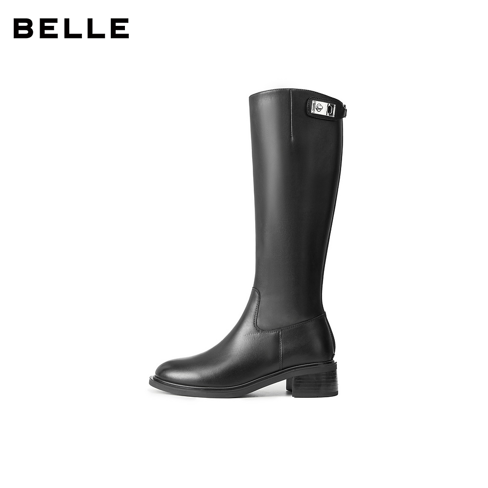 百丽弹力显瘦骑士靴子女2025冬季新款加绒厚底长筒靴子E6B1DDG5 - 图0