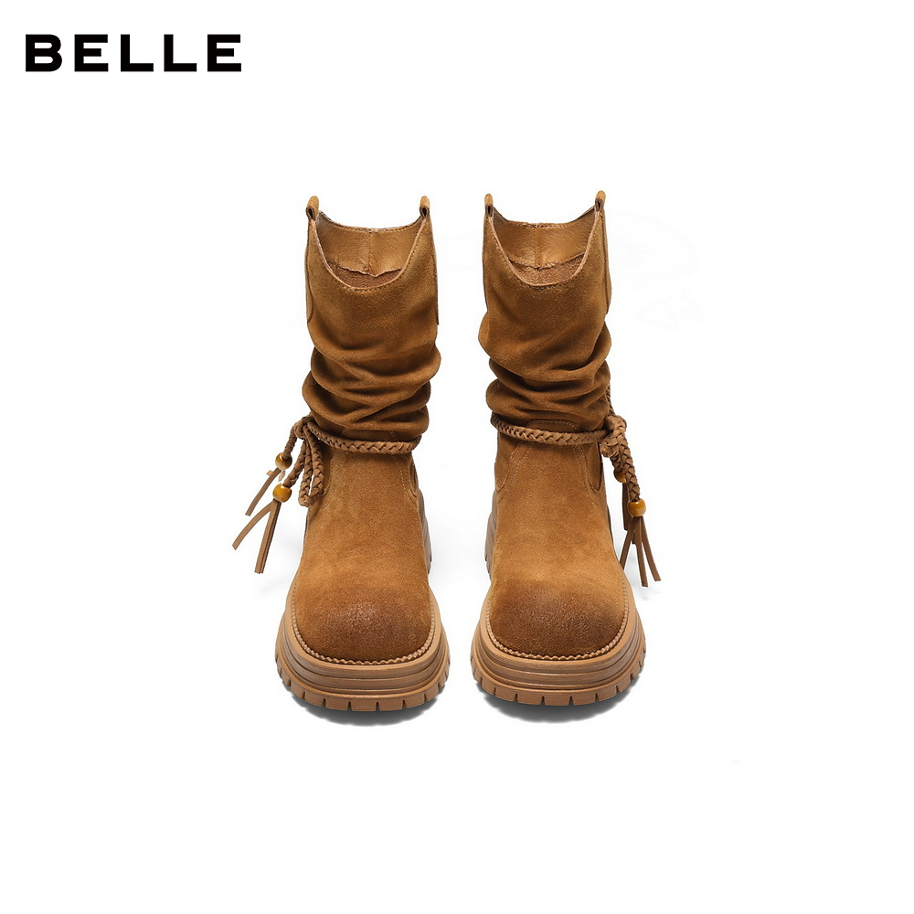 百丽女靴子复古西部靴堆堆靴户外2025冬季新款厚底中筒靴B2878DZ5 - 图1