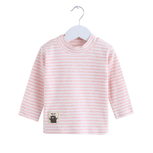 儿童纯棉半高领打底衫女童中领长袖T恤春秋男童宝宝条纹保暖上衣 - 图3