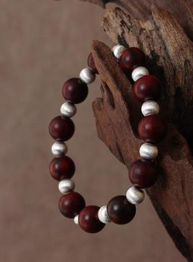 FHSTUDIO原创小众设计小叶紫檀纯银拉丝手镯新中式简约气质手串