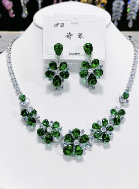 欧美风高定重工锆石奢华宫廷风项链耳环套装女四叶花项链百搭项链