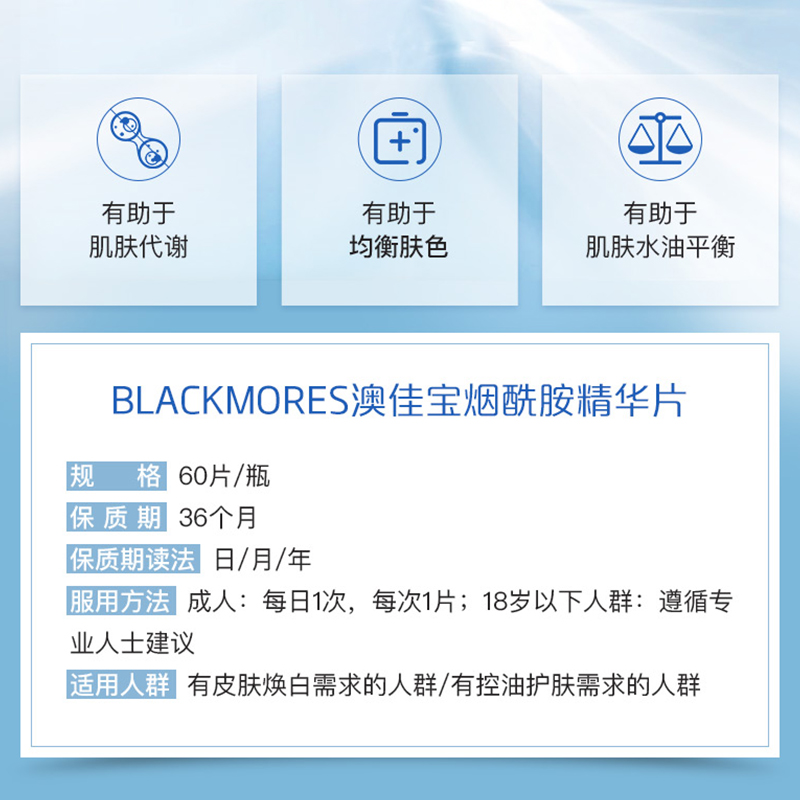 保税仓 澳洲Blackmores澳佳宝烟酰胺高光片60粒500mg焕白小白丸 - 图2