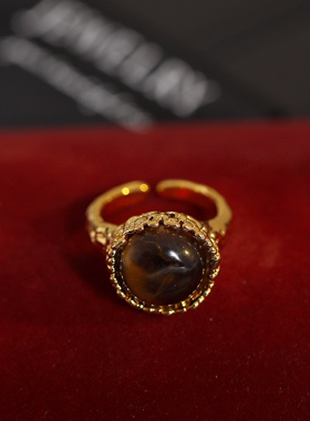 中古系列天然虎眼石开口戒小众设计高级时尚个性活口戒指