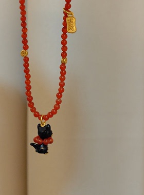【小红书爆火】巴西红玛瑙项链招财猫原创设计高级感猫咪锁骨链