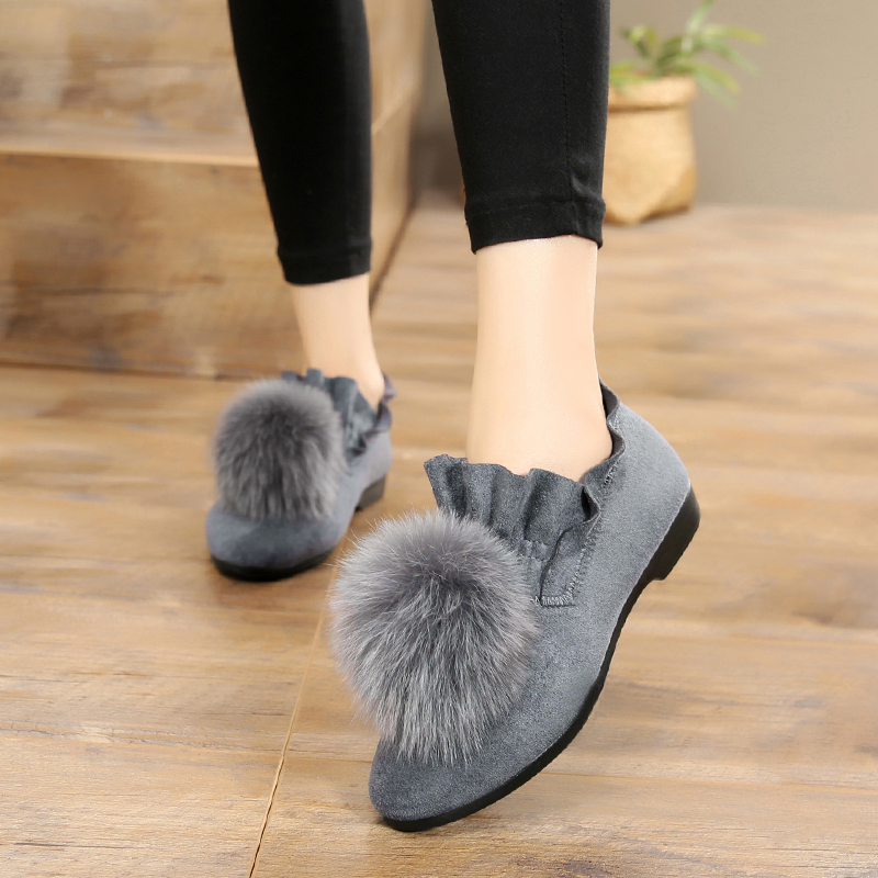 秋冬新款毛毛鞋女鞋老北京布鞋韩版平底加绒豆豆鞋瓢鞋懒人棉鞋子 - 图0