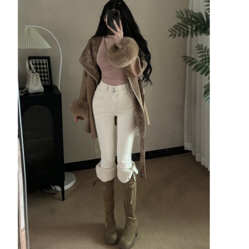 一辛原创～细腰丰胯奶白色高腰御姐韩女修身牛仔裤纯欲小脚裤 - 图1