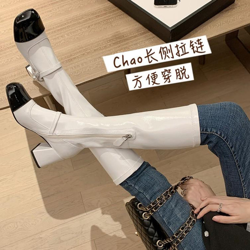 弹力漆皮长靴女秋冬加绒高跟长筒靴黑白色圆头粗跟高筒显瘦骑士靴,淘宝优惠券,粉丝福利购,淘宝优惠卷