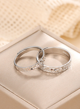 S999纯银碎冰冰戒指男女轻奢高级感简约素圈开口指环情侣对戒礼物