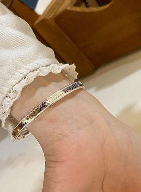 足银999.9 纯银手镯开口国风cnc闪鳞片碎冰冰银手镯 民族风镯子