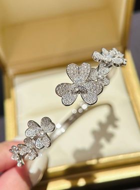 S925纯银三叶草满钻手镯繁华七朵花开口手镯轻奢名媛高级感厚重感