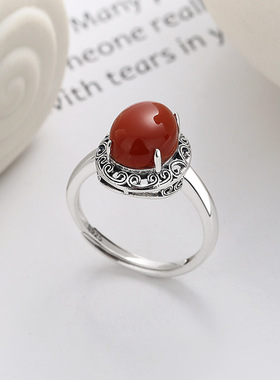 s925纯银南红蛋面镶嵌戒指个性蛋面复古风古典气质女士款