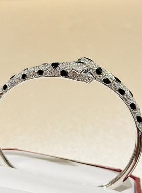 S925纯银 斑点双头豹子满钻手镯经典半钻高级感绿眼睛贵气