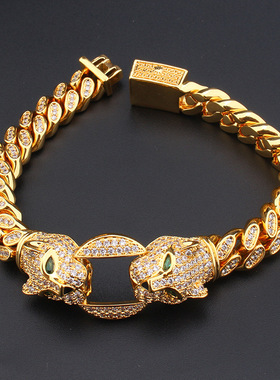 复古欧美风双头滴胶豹子绿眼手链男女个性饰品网红直播热款