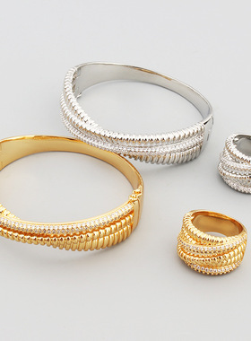 欧美时尚镶嵌锆石铜镀金滚珠交叉款气质手镯戒指热款