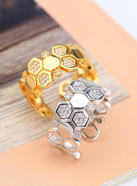 欧美夸张几何形饰品简约微镶锆石蜂巢六边形手镯戒指套装