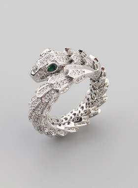 欧美风霸气夸张蛇形开口戒指男女情侣镀金色满镶锆石蛇头指环