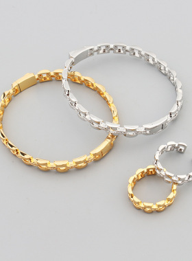 韩版时尚方链镂空手环镶嵌锆石小清新气质手镯戒指女式饰品跨境